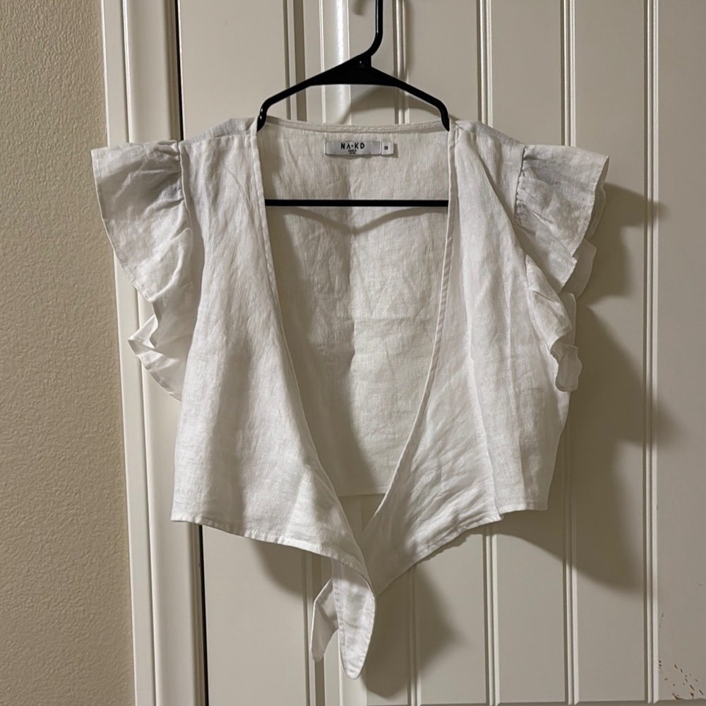 NAK-D White Linen Tie Front Crop Blouse with Ruffle Sleeves